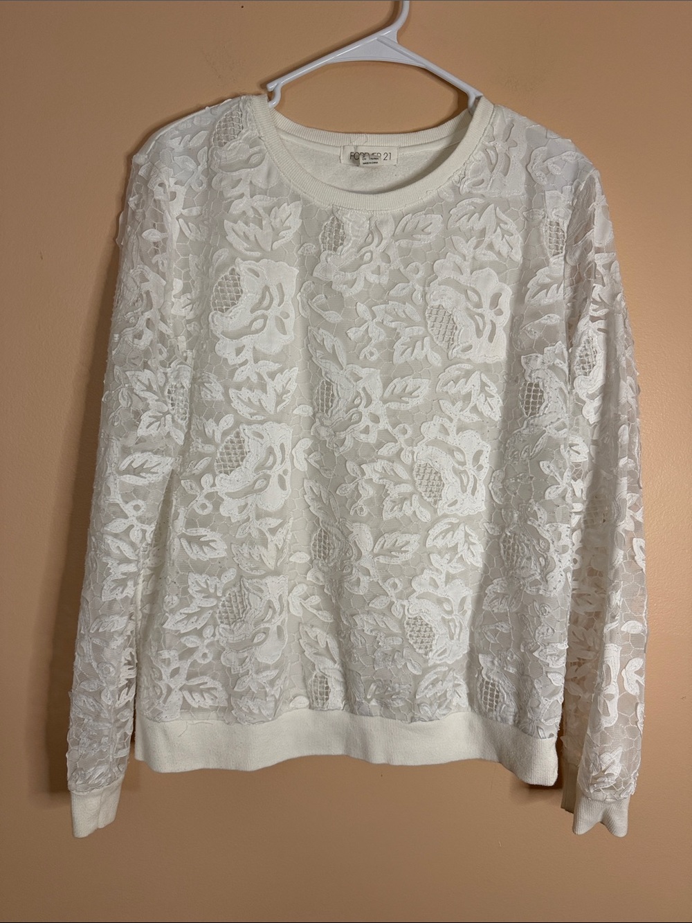 Forever 21 White Lace Overlay Crewneck Sweater